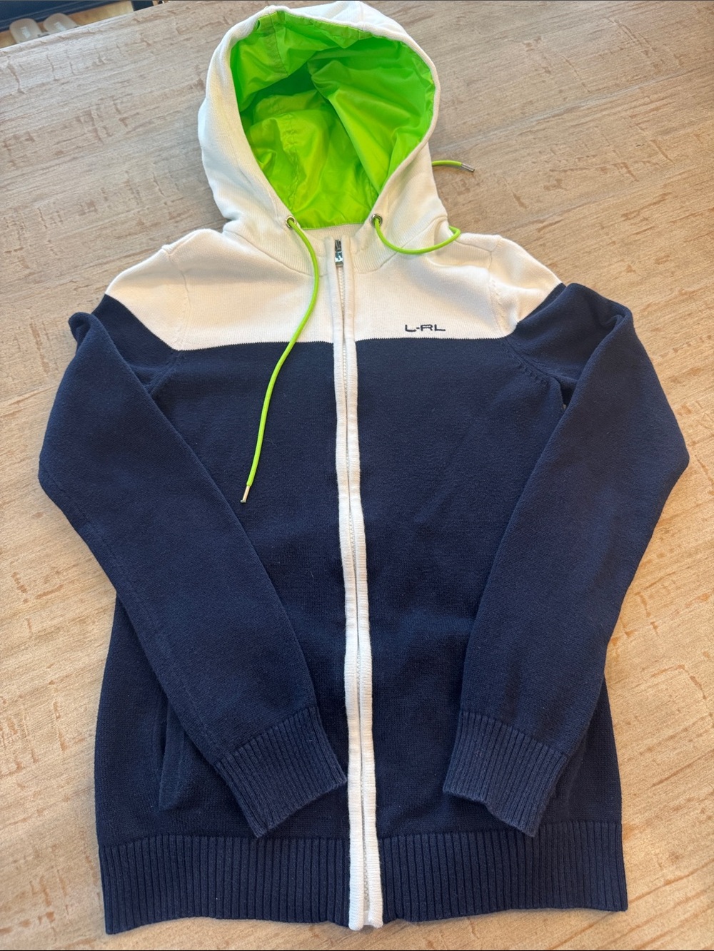 Lauren Ralph Lauren Navy & White Zip Hoodie with Lime Green Lined Hood